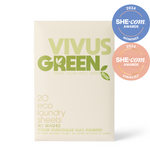 Vivus Green 20 pack of laundry sheets. Front of envelope packaging. Packaging shows awards badges