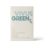 Vivus Green dishwashing sheets, front of 20 pack, 40 wash envelope. Blue and white.