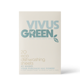 Vivus Green dishwashing sheets, front of 20 pack, 40 wash envelope. Blue and white.