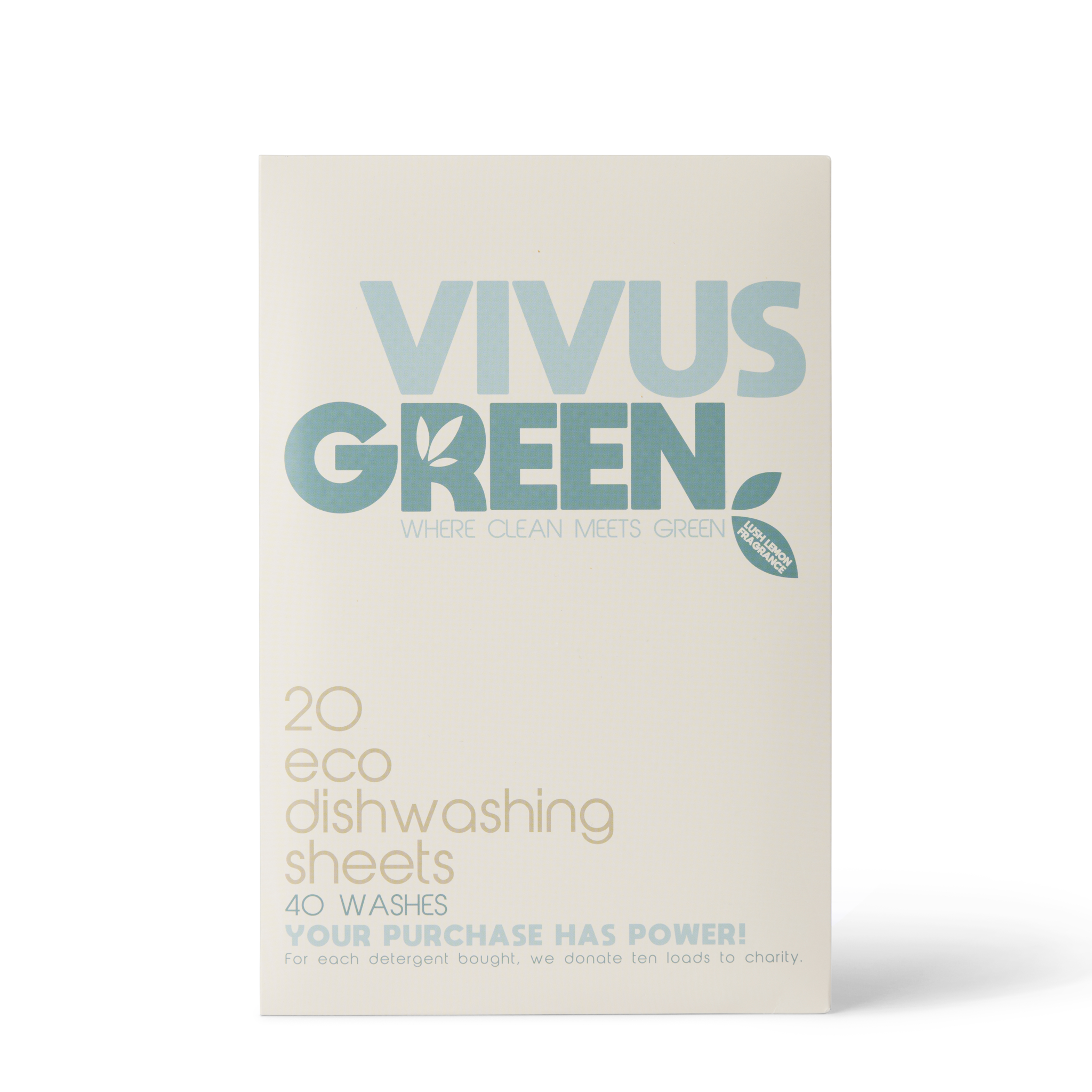 Vivus Green dishwashing sheets, front of 20 pack, 40 wash envelope. Blue and white.