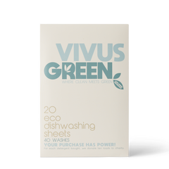 Vivus Green dishwashing sheets, front of 20 pack, 40 wash envelope. Blue and white.