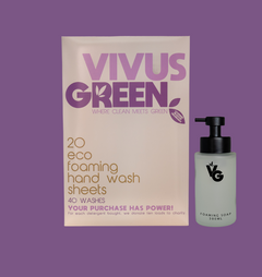 Packaging of Vivus Green Foaming Handwash Bundle including a transparent bottle with a pump and a sheet of handwash sheets.
