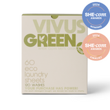 Vivus Green eco laundry detergent sheets, 60 sheets, 120 washes, green and white front view with fresh forest fragrance. Shows awards badges.