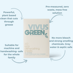 Vivus Green eco dishwashing sheets packaging with features listed on a light blue background