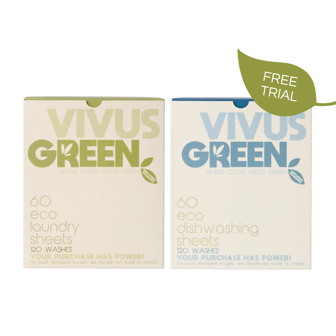 Two boxes of Vivus Green eco-friendly products on a white background