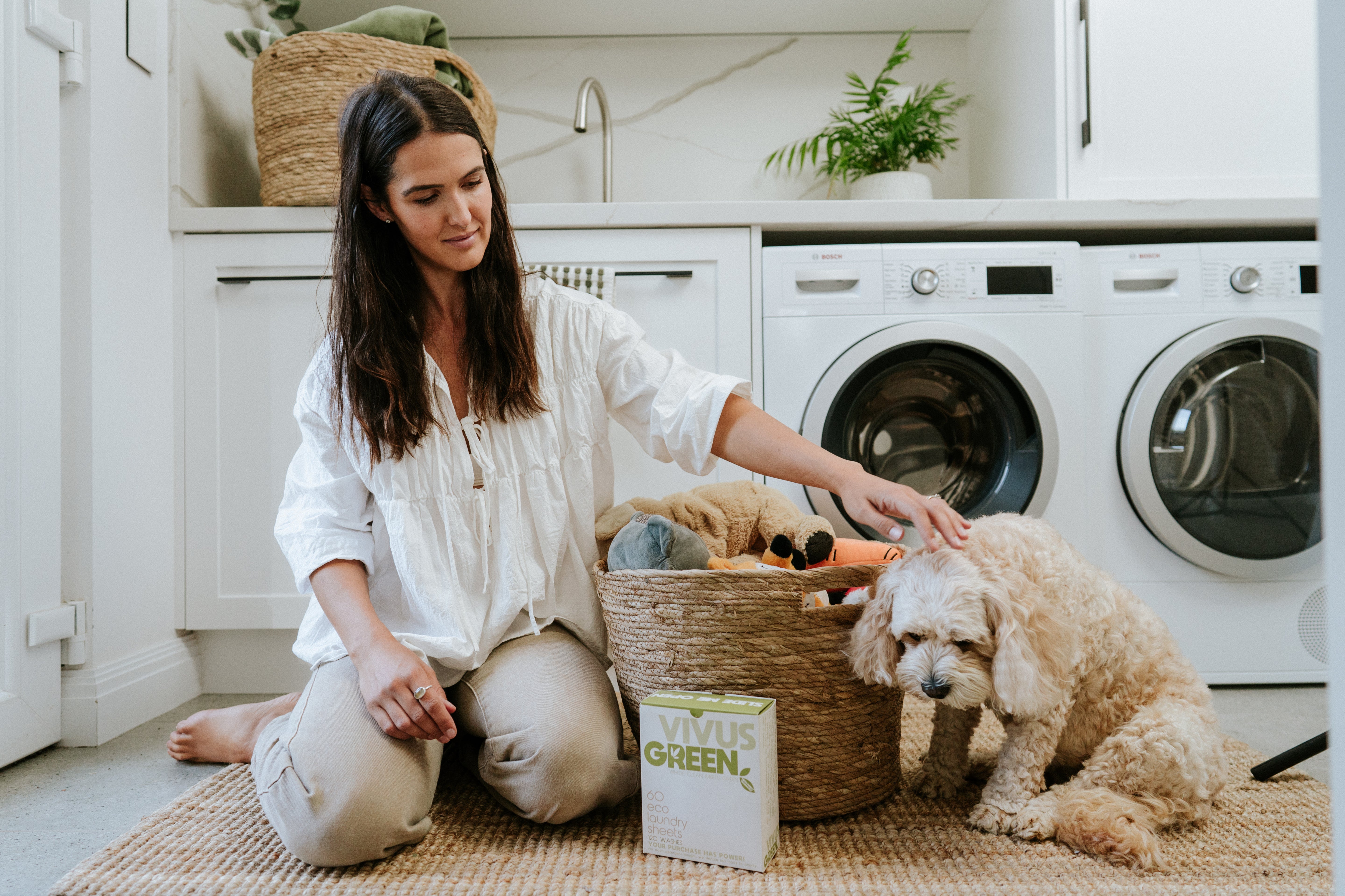Vivus Green laundry box with laundry basket and dog in front of  washing machine.